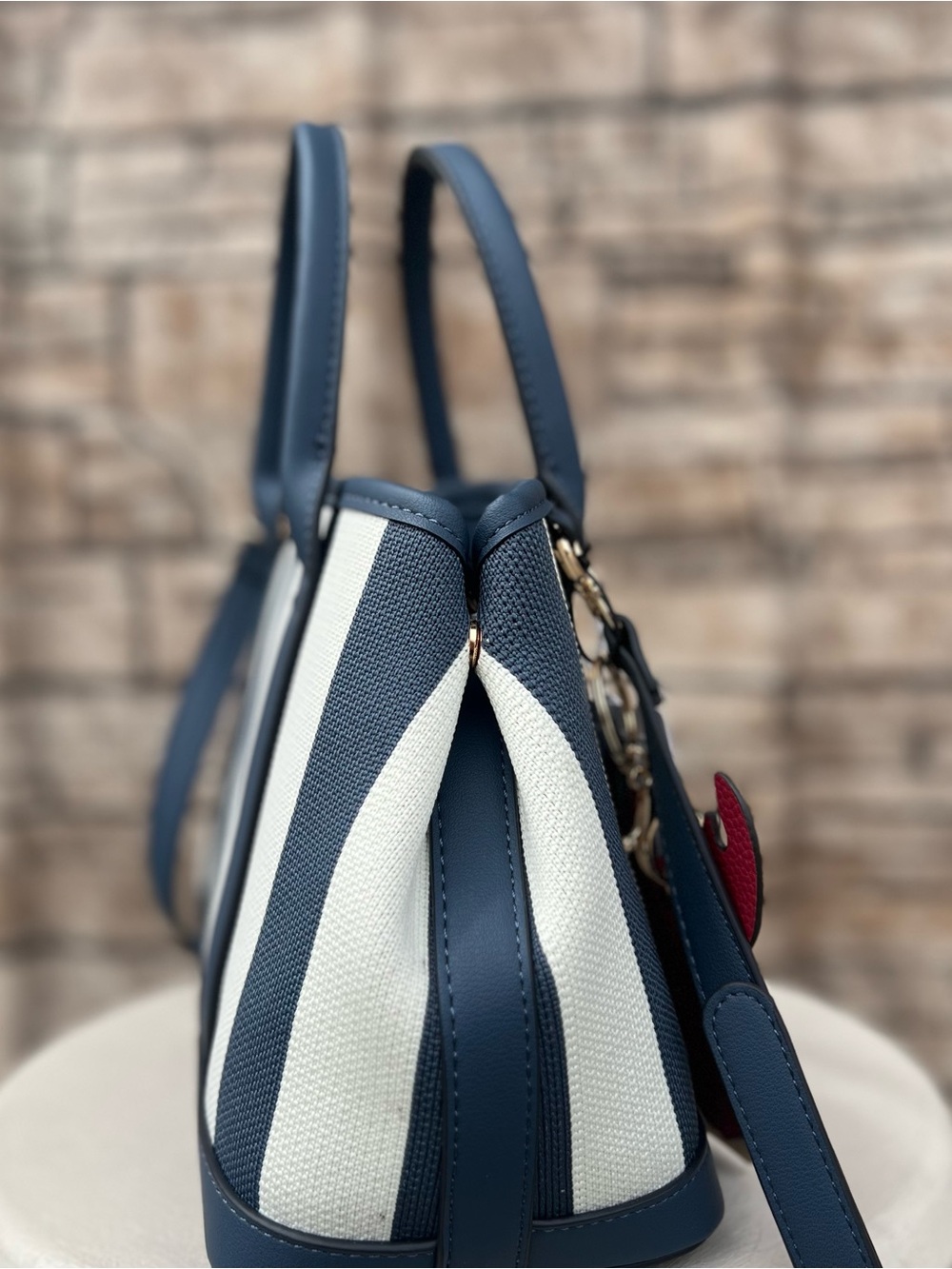Nanette Lepore Navy & Cream Striped Satchel with Gold Accents - Picture 2 of 7